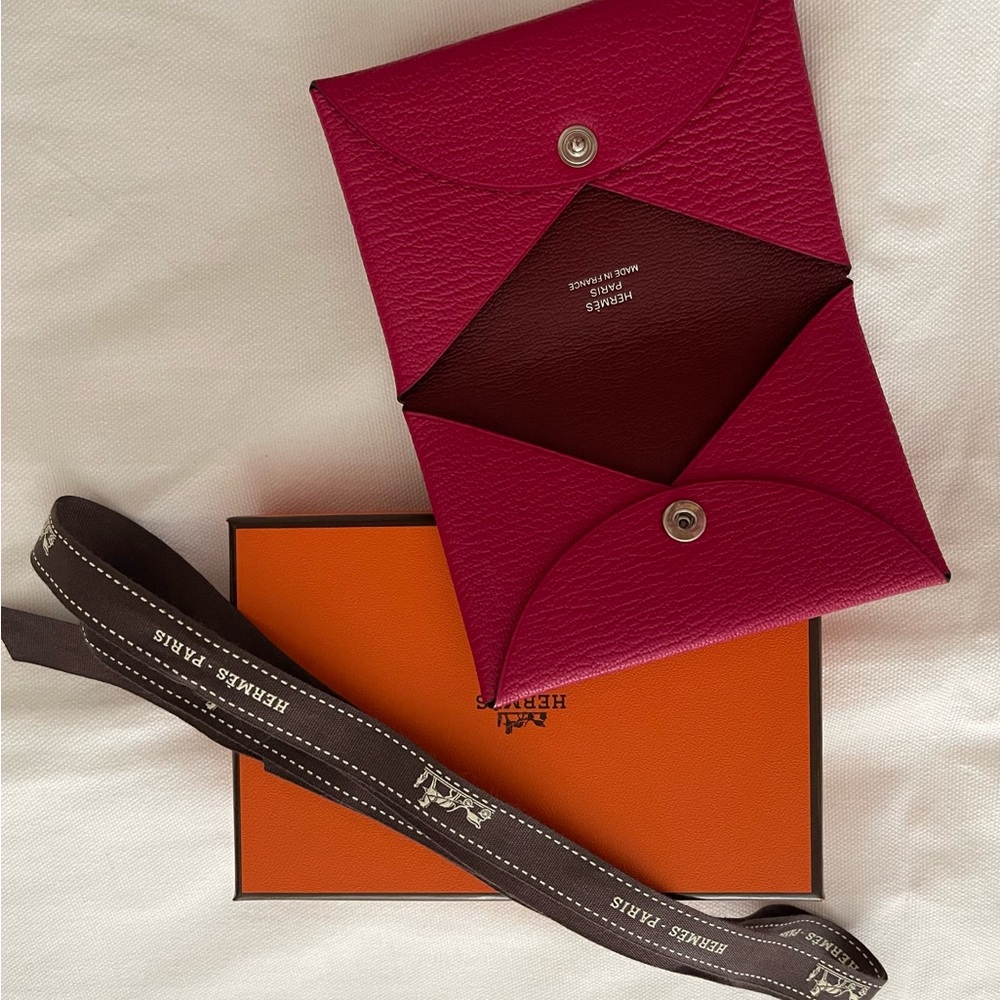 Used Once Hermes Rose Extreme Calvi Card Holder